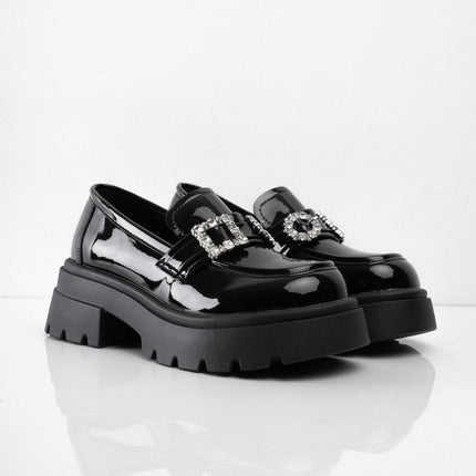 Mocasines negros charol con hebilla de diamantes