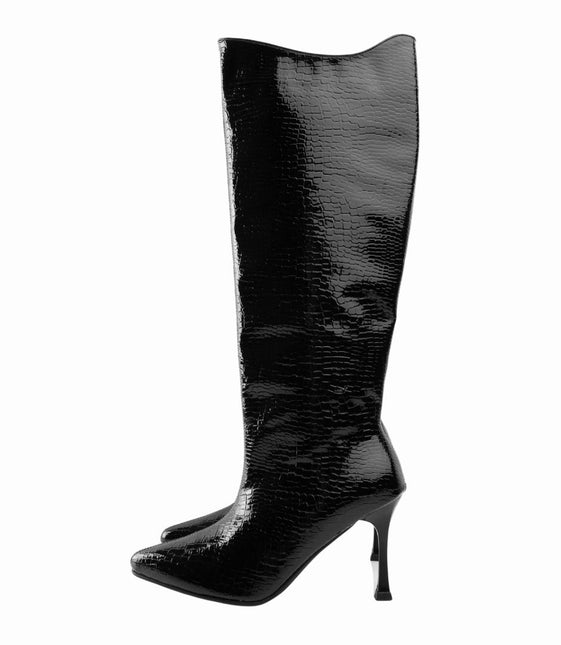 Bota alta croco y tacón puntilla