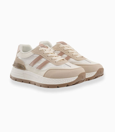 tenis kaki con líneas beige