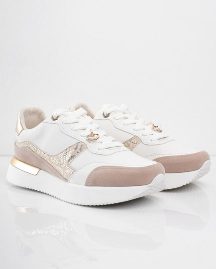 Tenis blancos con print y puntera beige