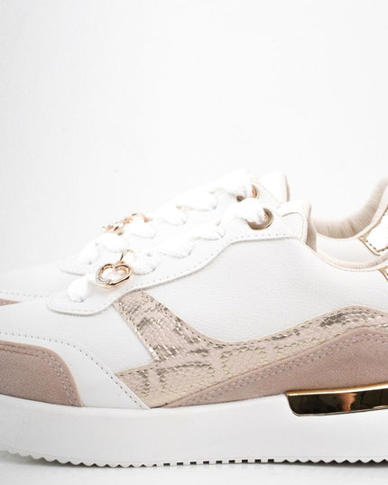 Tenis blancos con print y puntera beige