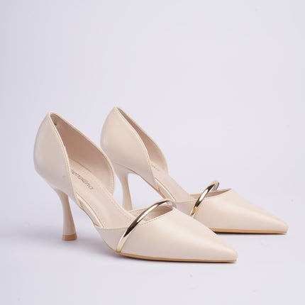 Tacones beige altos con aplique dorado