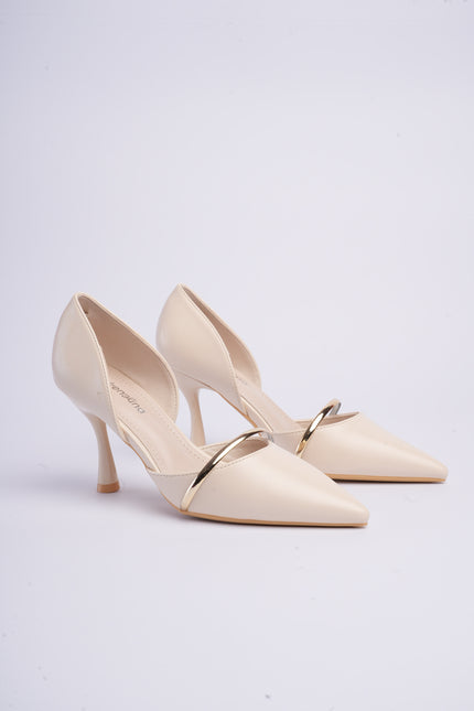 Tacones beige altos con aplique dorado