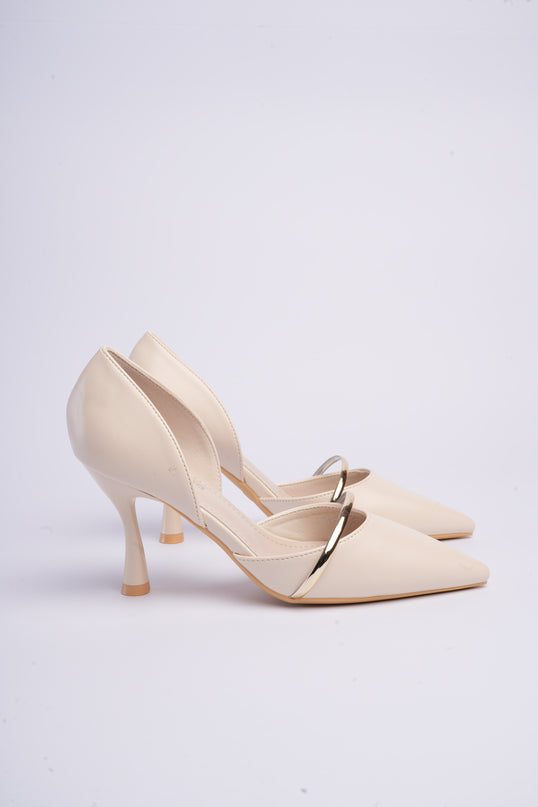 Tacones beige altos con aplique dorado
