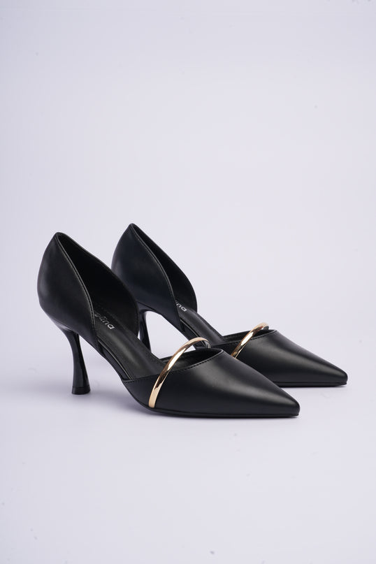 Tacones negros altos con aplique dorado