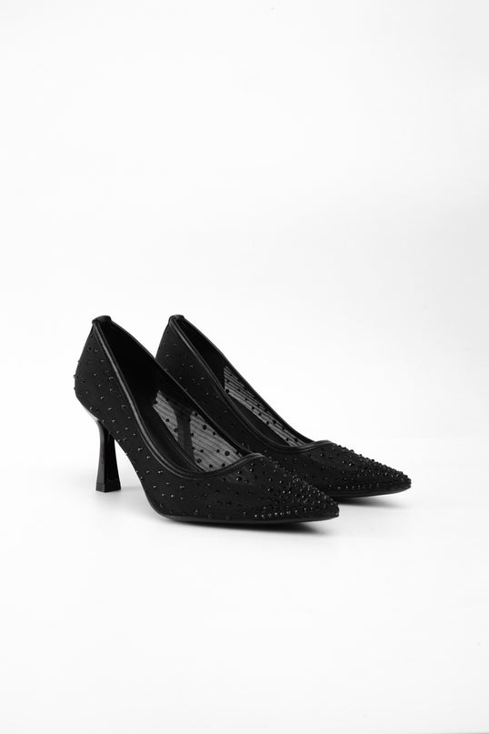 Tacones negros transparentes con apliques