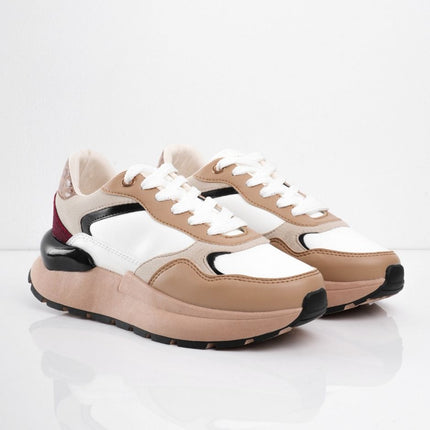 Tenis plataforma café con blanco y detalles