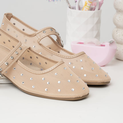 Bailarinas beige malla x apliques brillantes