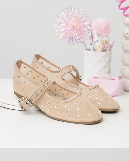 Bailarinas beige malla x apliques brillantes
