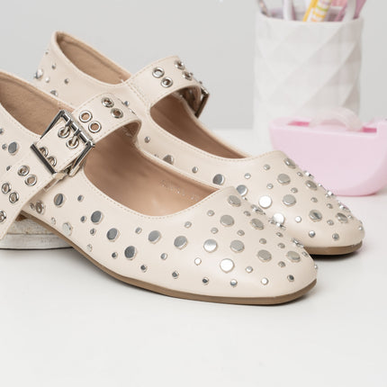Bailarinas beige correa x apliques plateados