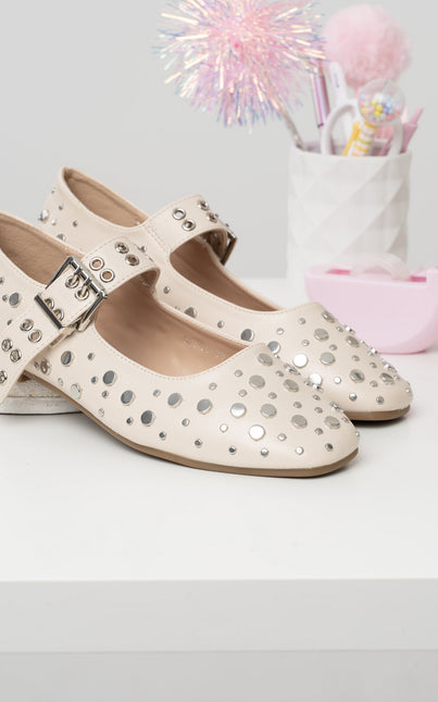 Bailarinas beige correa x apliques plateados
