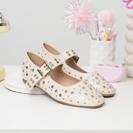 Bailarinas beige correa x apliques plateados