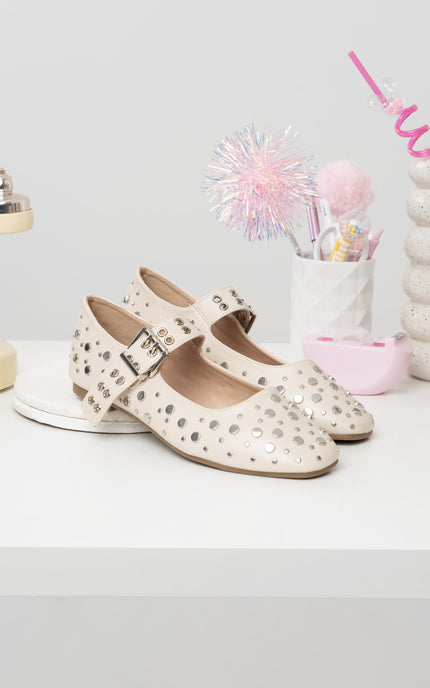 Bailarinas beige correa x apliques plateados
