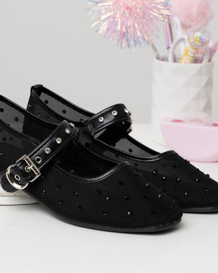 Bailarinas negras malla x apliques brillantes