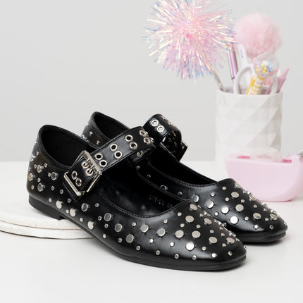Bailarinas negras correa x apliques plateados